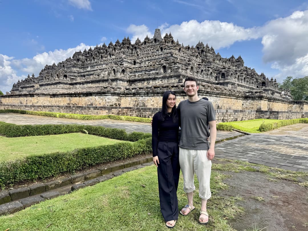 Okan and Bintan standing in front of Borobudur Temple in Yogyakarta